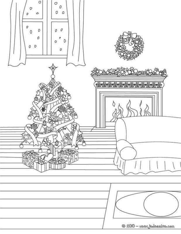 Раскраска новогодний камин и елка