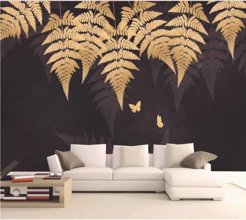 Листья на стене в интерьере