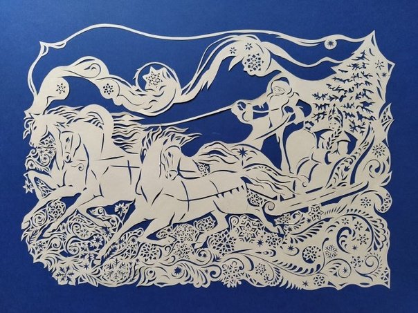 Дед Мороз на тройке вытынанка