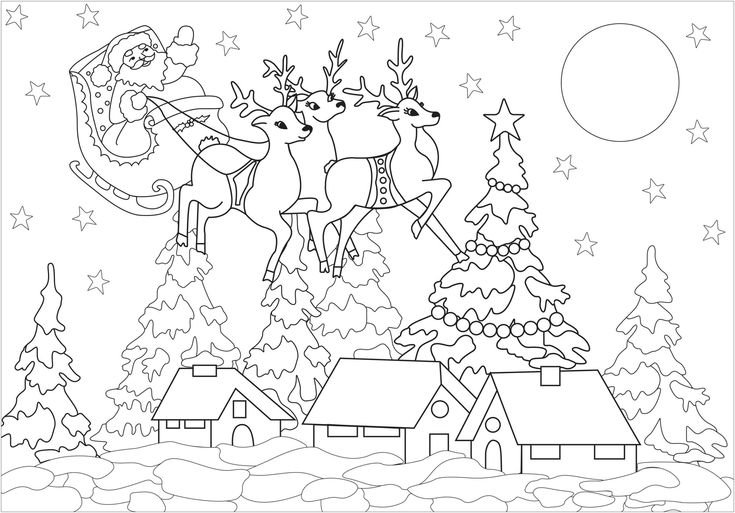 Раскраска дед Мороз с оленями