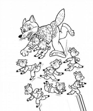 Сказка 7 козлят и волк раскраска