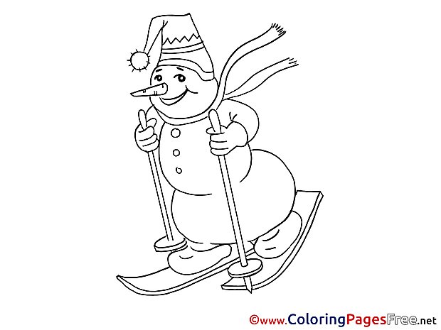 Снеговик на лыжах раскраска