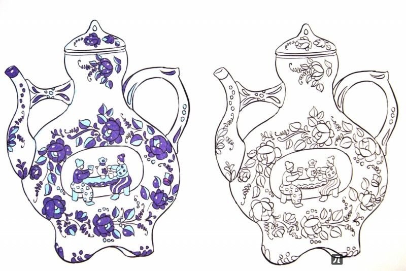 Раскраска Гжельская роспись посуды чайник