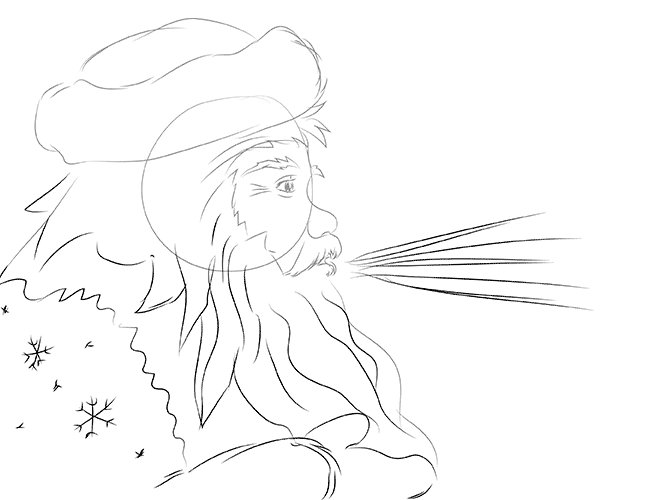 Дед Мороз дует на снежинки