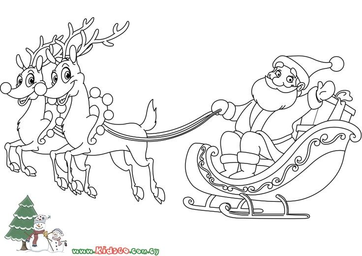 Дед Мороз на санях с оленями рисунки