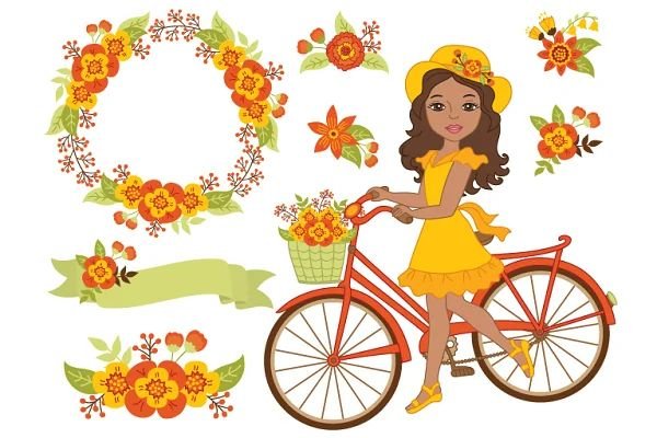 Девочка на велосипеде с цветами рисунок