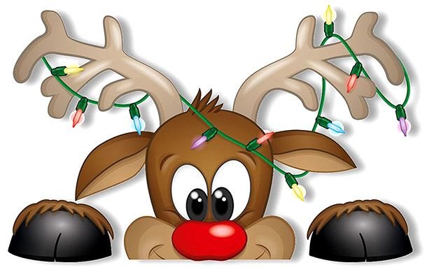 Олень выглядывающий на окно новогодний