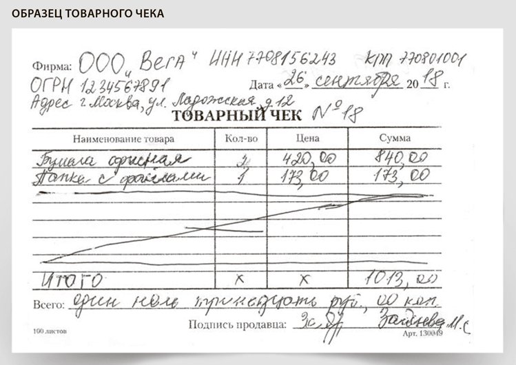 Образец заполнения товарного чека без кассового чека для ИП