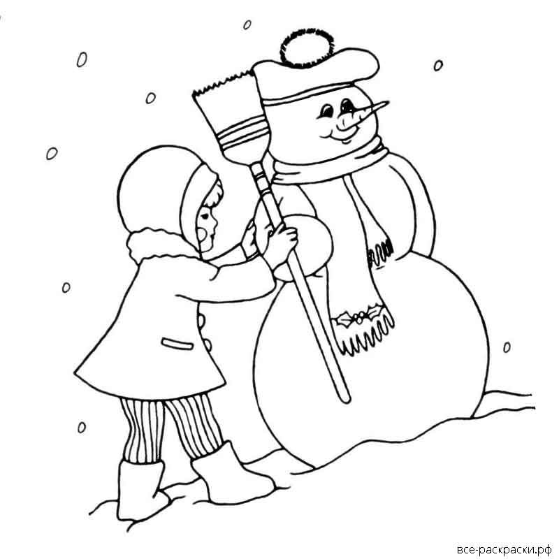 Раскраска дети лепят снеговика