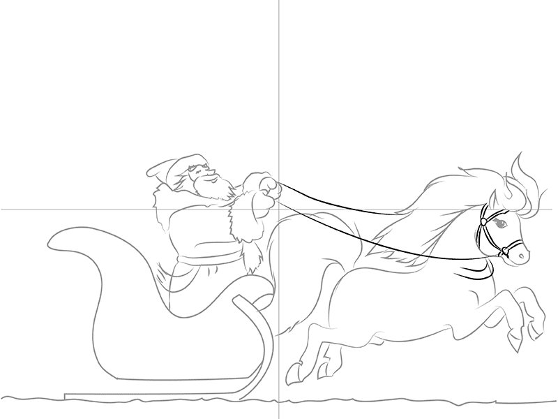 Рисунок Деда Мороза на санях для срисовки