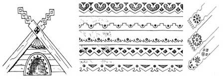 Элементы убранства избы: причелина, полотенце, конёк)