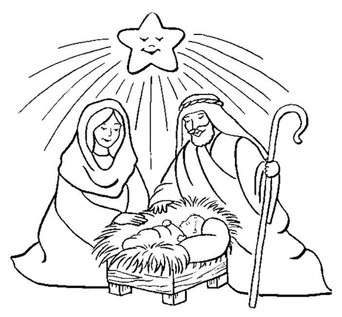 Мария, Иосиф и младенец в вертепе раскраска