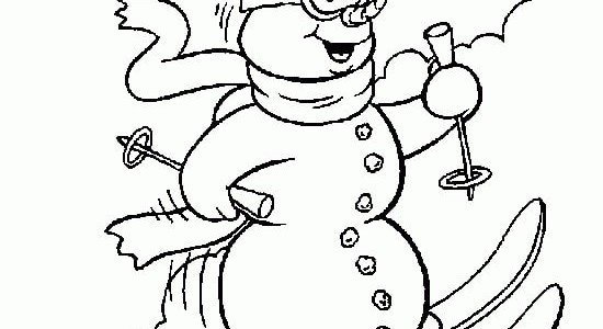 Снеговичок на лыжах раскраска