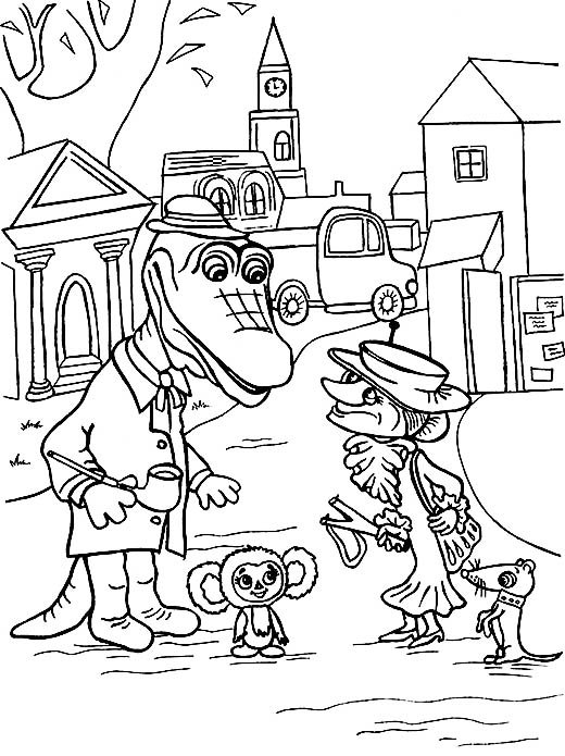 Раскраски Чебурашка и крокодил Гена и Шапокляк