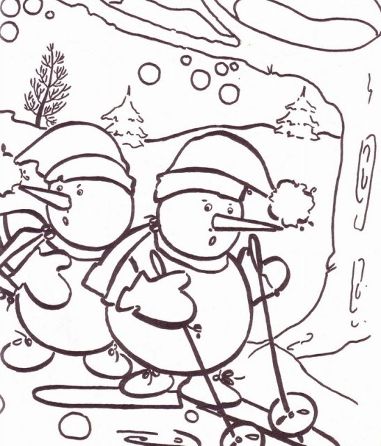 Снеговик на лыжах разукрашка