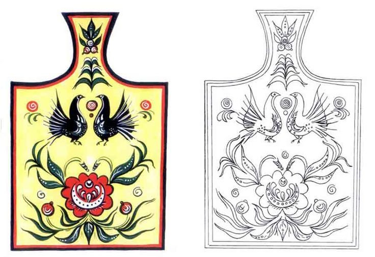 Рис. "Разделочная доска" Городецкая роспись