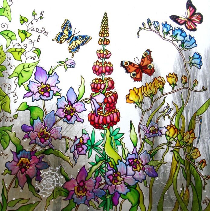 Витражная роспись цветы