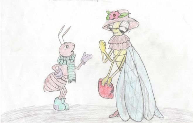 Рисунок к басне Крылова Стрекоза и муравей