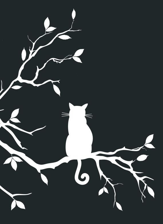 Кот на ветке силуэт