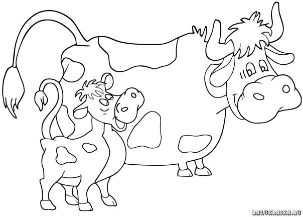 Раскраска корова с теленком для детей