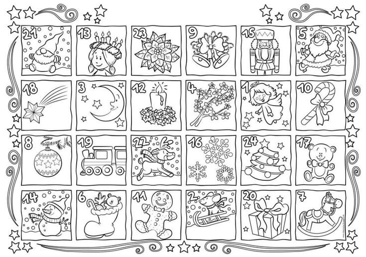 Рождественский адвент календарь раскраска