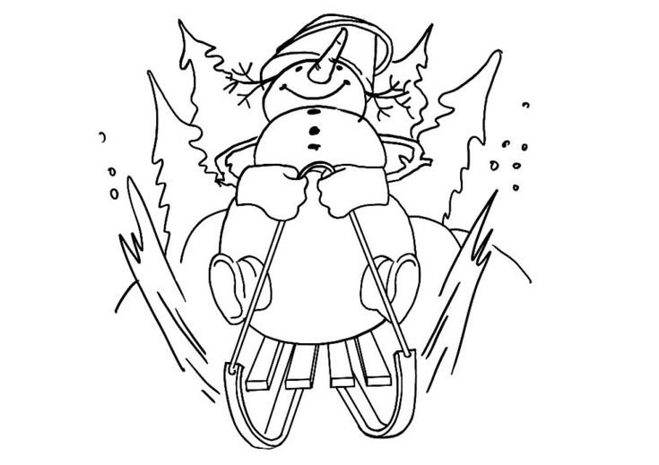 Снеговик на лыжах раскраска