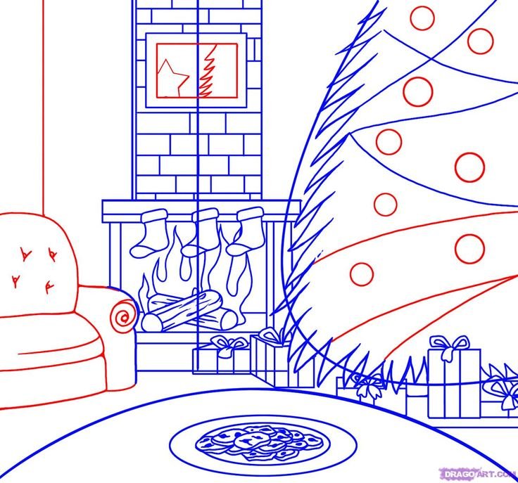 Новогодняя комната рисунок карандашом