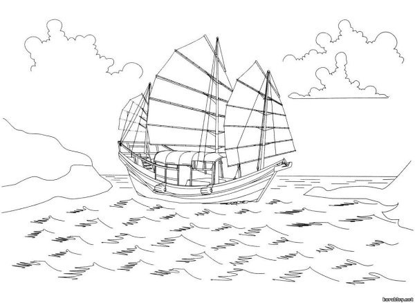 Раскраска море и корабль