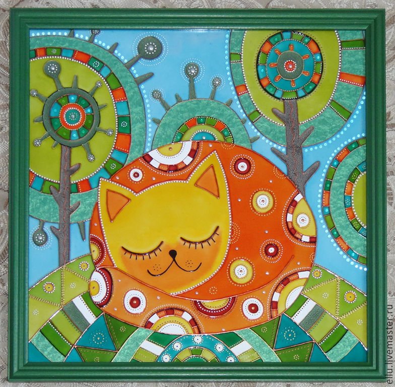 Витражная роспись по стеклу кошки