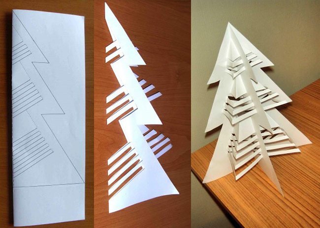 Объемные елочки из белой бумаги