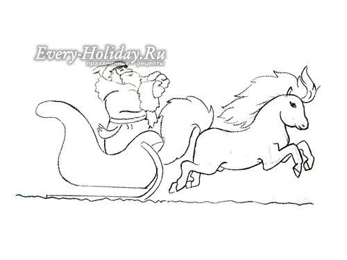 Дед Мороз на санях с лошадьми трафарет