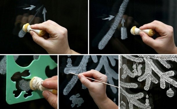 Новогоднее украшение окон зубной пастой