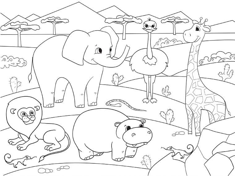 Раскраска животные саванны для детей