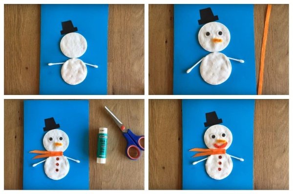 Аппликация Снеговик из ватных дисков
