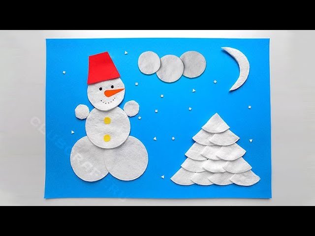 Аппликация Снеговик ватные диски